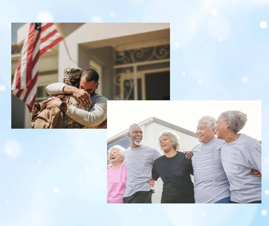 Military family hugging and senior citizens smiling